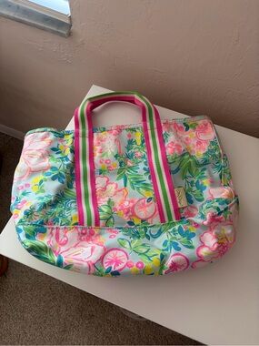 Lilly Pulitzer Floral Canvas Tote Bag with Pink & Green Striped Handles